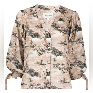 Cara Cara Win Button-Up Top S Beige Tropical Hawaiian Print Cotton Tie Sleeve